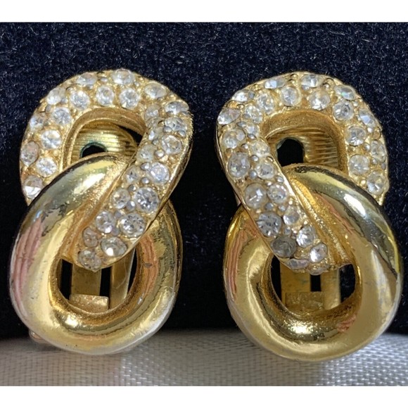VINTAGE SIGNED CHRISTIAN DIOR CLIP ON EARRINGS Sparkly KNOT Knotted - Picture 1 of 12